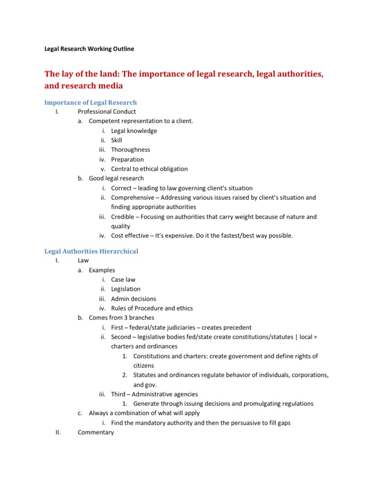 Legal Research Working Outline Lawyer Precedent