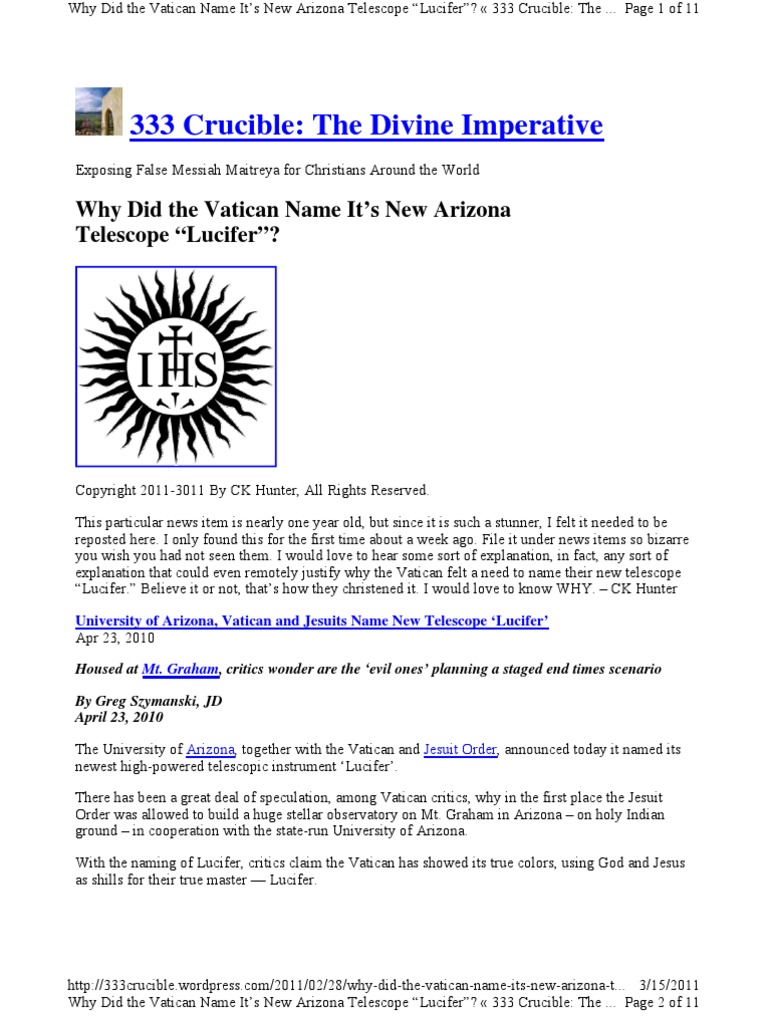 Why Did the Vatican Name It’s New Arizona Telescope “Lucifer Volcano Nuclear Safety And Security