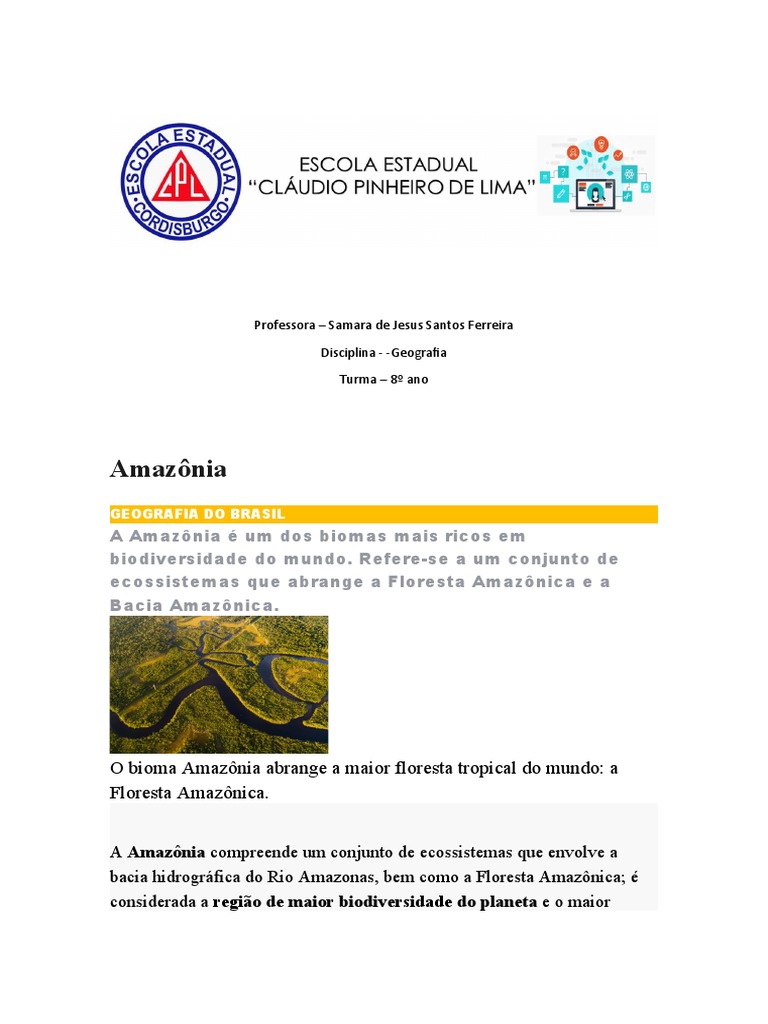 Texto A Amazonia 8º Ano 1 | PDF | Floresta Amazônica | Florestas