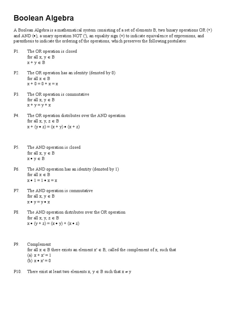 The Fundamental Postulates and Theorems of Boolean Algebra | PDF ...
