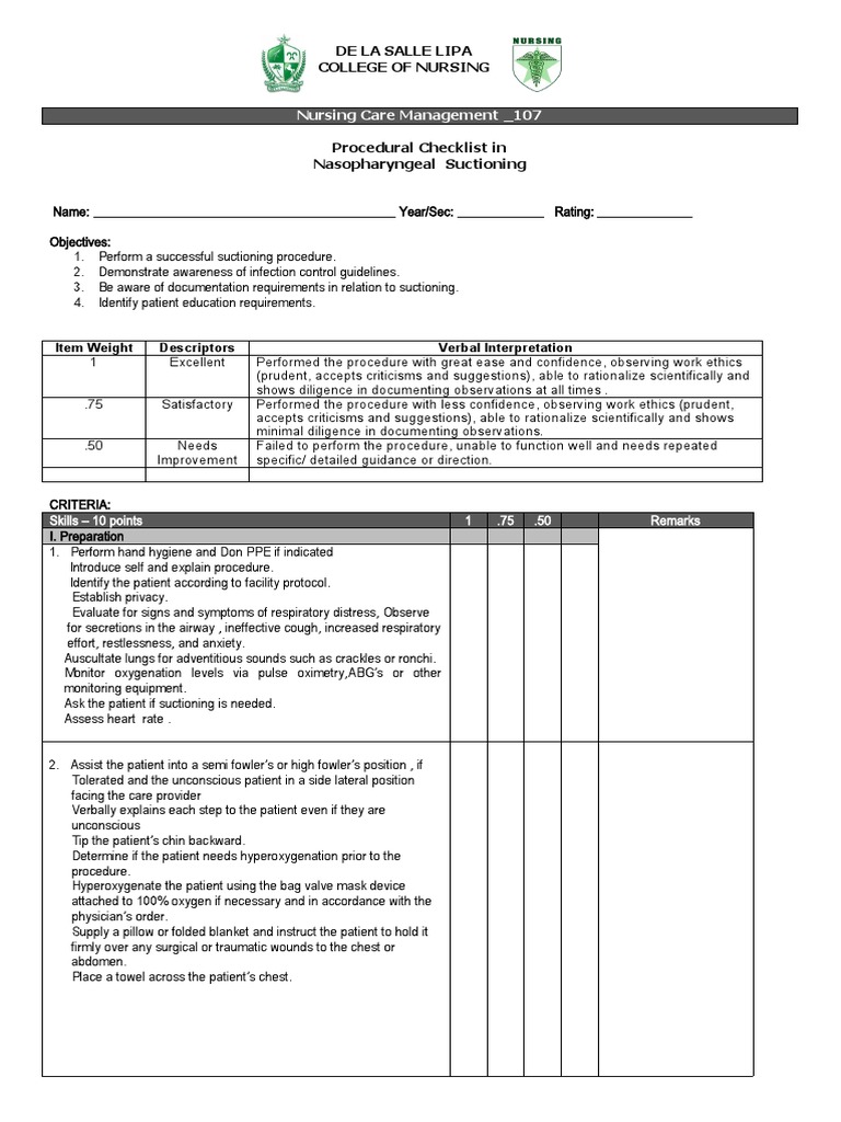 Nasopharyngeal Suctioning Checklist | PDF | Catheter | Clinical Medicine