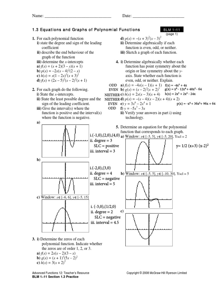 Blm 1 11 Section 1 3 Practi Pdf Zero Of A Function Polynomial