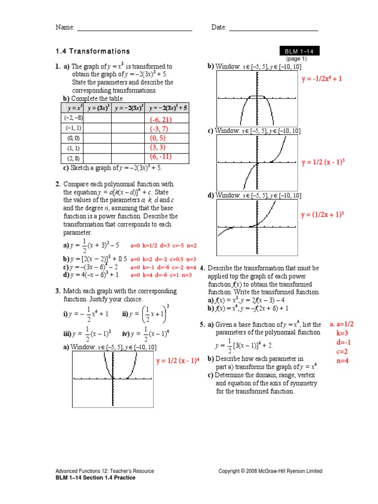 Blm 1 14 Section 1 4 Practi Pdf Cartesian Coordinate System Function Mathematics