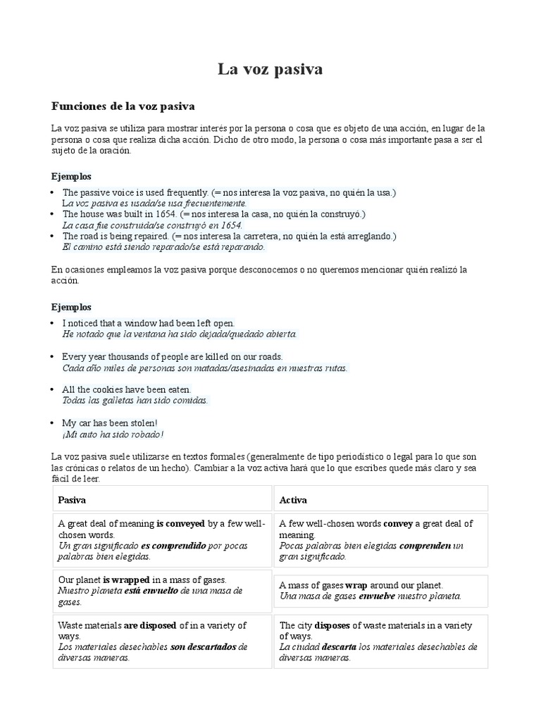 Uso y formación de la voz pasiva | PDF | Mecánica del lenguaje ...
