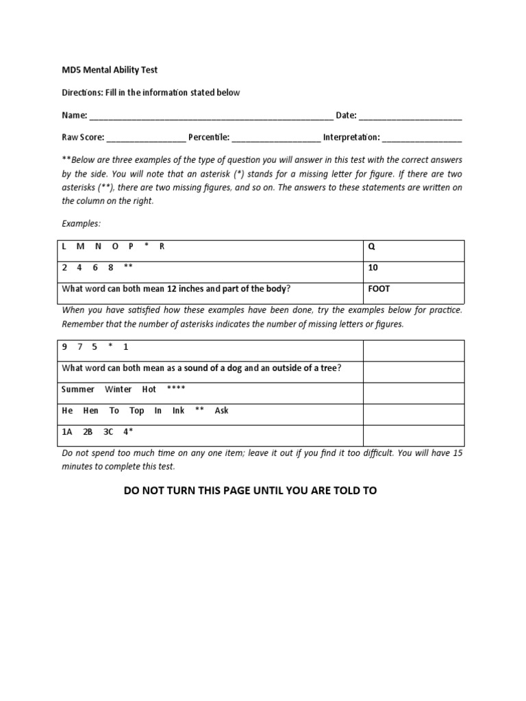 MD5 Mental Ability Test: Sample Questions and Answer Key | PDF