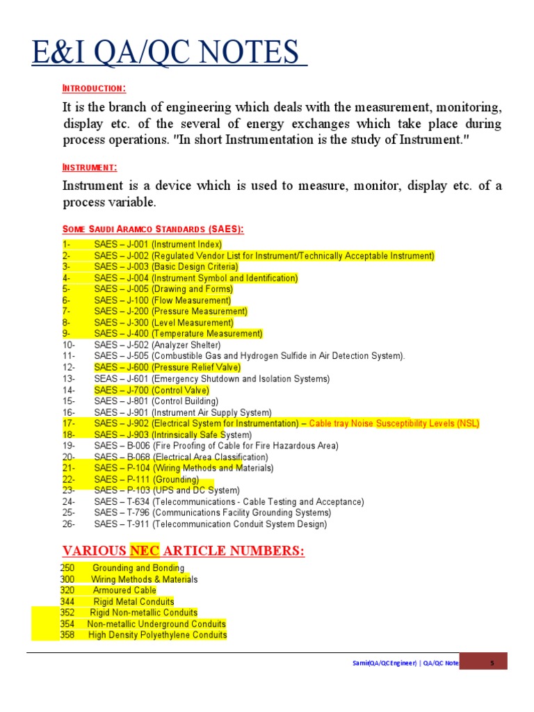 E&I QA/QC Standards and Notes | PDF | Pipe (Fluid Conveyance ...