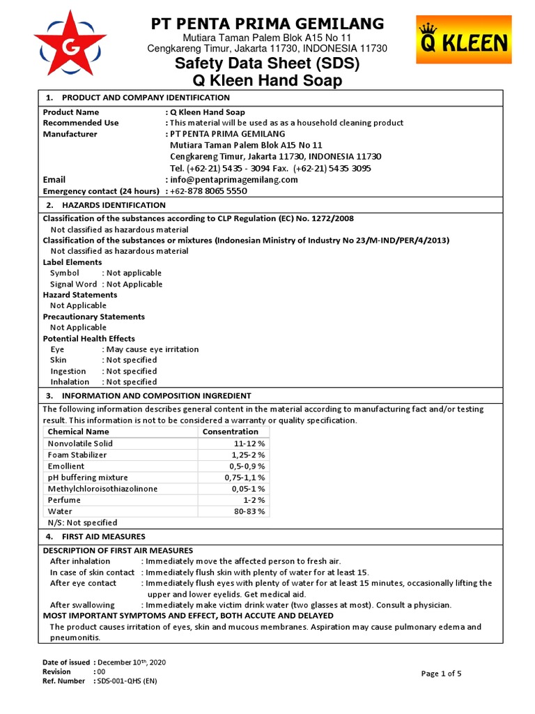 SDS Q Kleen Hand Soap (En) PDF Dangerous Goods Superfund