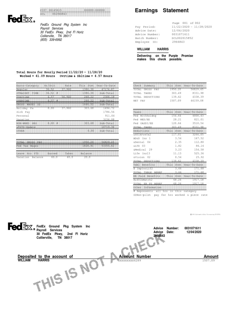 Earnings Statement: Total Hours For Hourly Period 11/22/20 - 11/28/20 ...