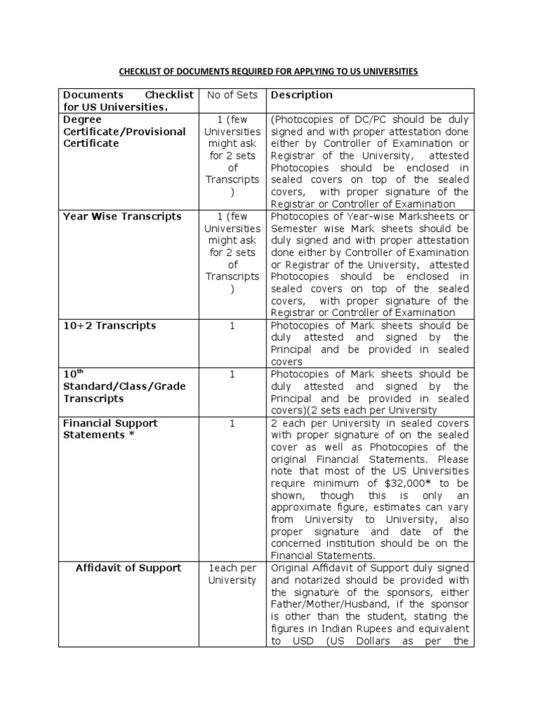 US University Application Document Checklist | PDF | Photocopier