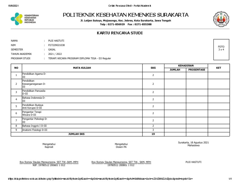 Kartu Rencana Studi Mahasiswa D3 | PDF