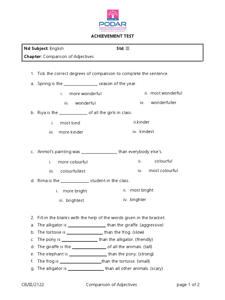 Comparison of Adjectives Test for Grade 3 | PDF | Language Arts ...
