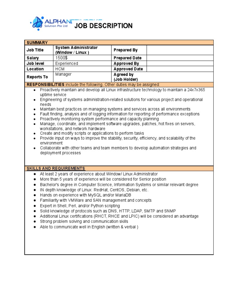 Linux System Administrator Position | PDF