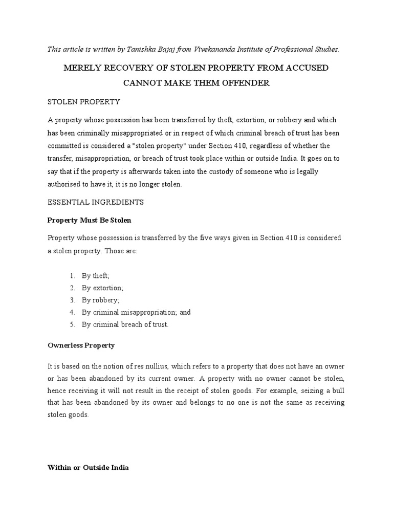 Recovery of Stolen Property From Accused PDF Theft Property
