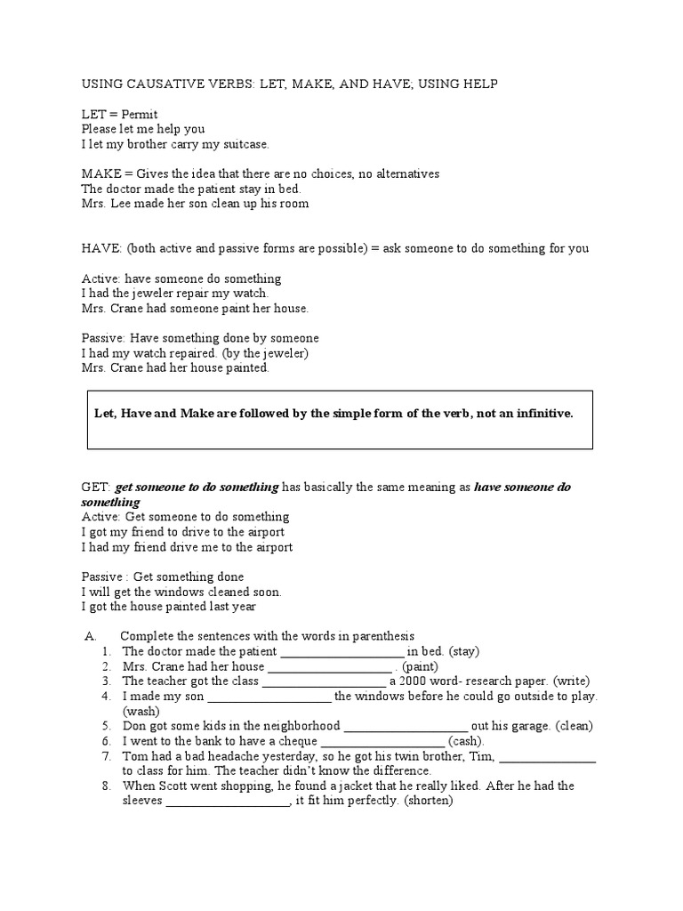 Causative Verbs: Let, Make, Have, Help | PDF | Language Arts & Discipline