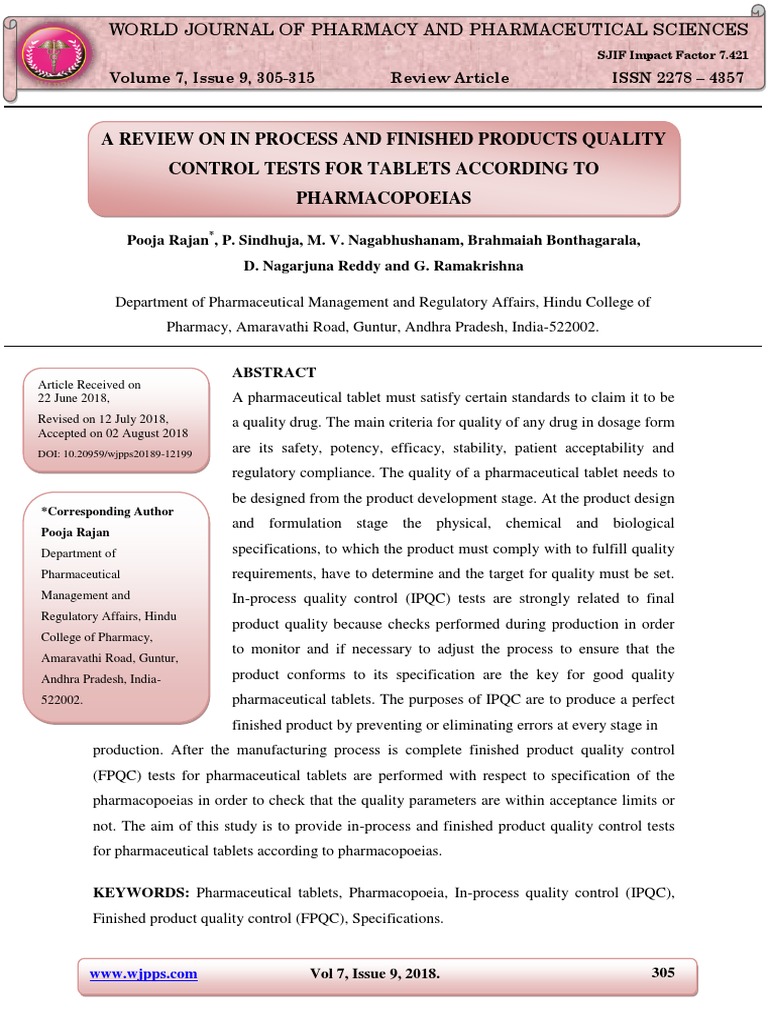 A Review On in Process and Finished Products Quality Control Tests For