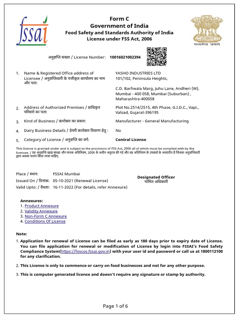 FSSAI License PDF Vegetable Oil Foods
