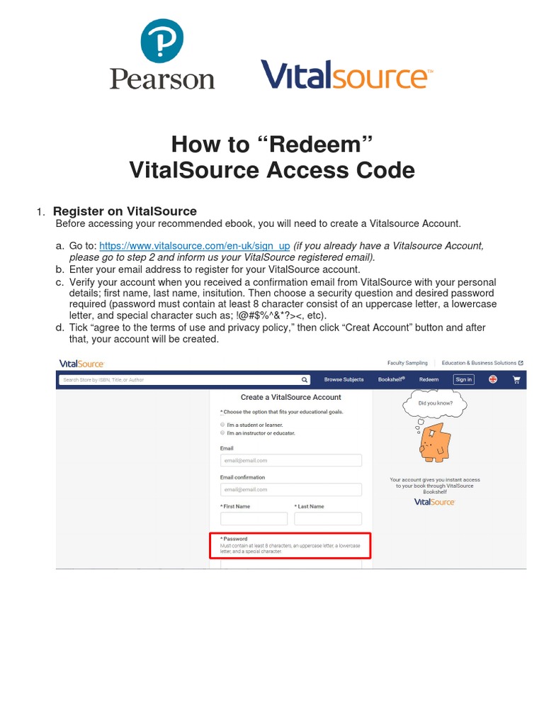 VitalSource Tutorial How To Redeem Access Code PDF Ios Password