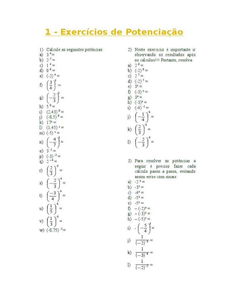 1- Exercícios de Potenciação | Analise matemática | Matemática Aplicada