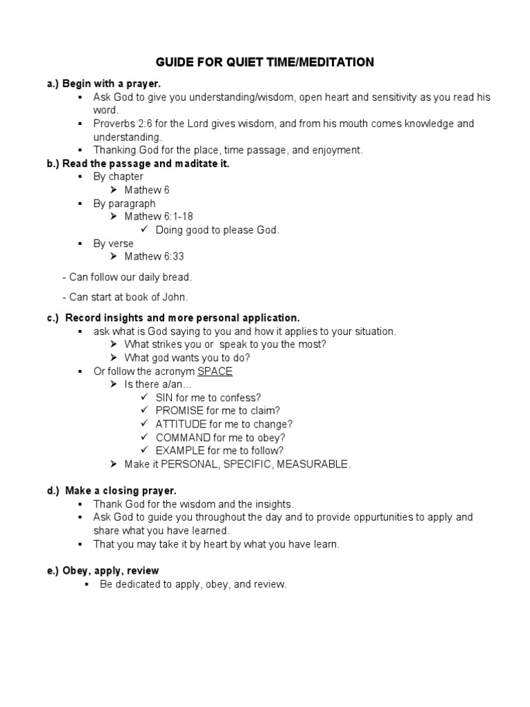 Guide For Quiet Time/Meditation A.) Begin With A Prayer PDF Prayer