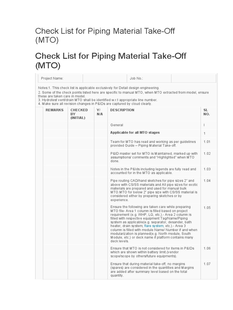 Check List For Piping Material TakeOff (MTO) PDF Pipe (Fluid