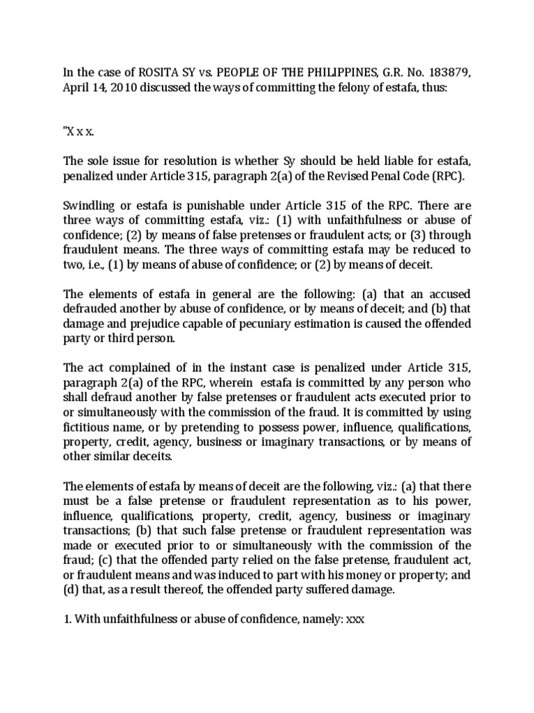 Swindling Vs Estafa Pdf Theft Fraud
