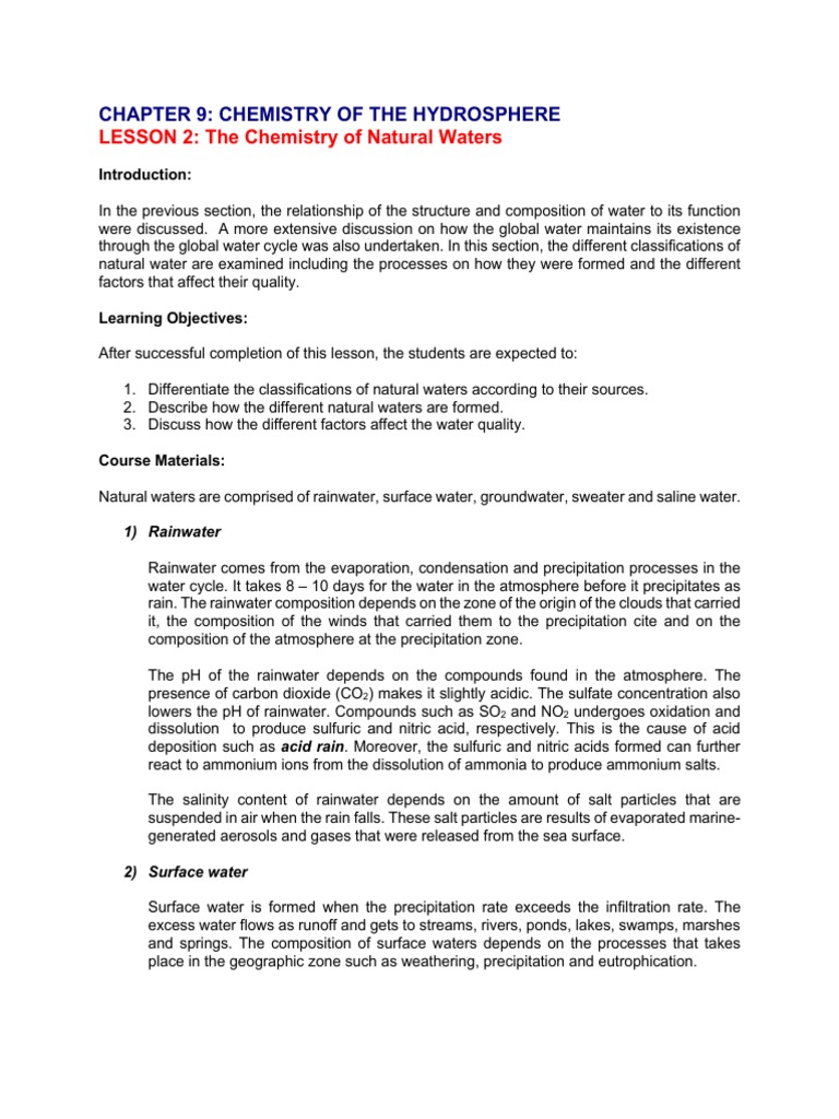 9.2 The Chemistry of Natural Waters PDF Water Seawater