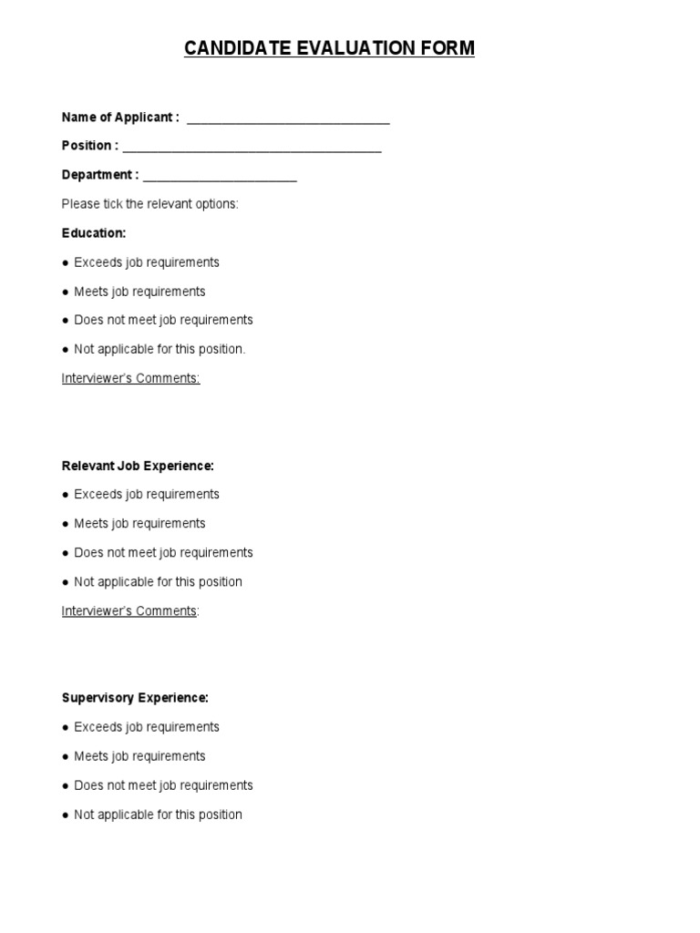 Candidate Evaluation Form Hiring Forms | PDF | Career & Growth