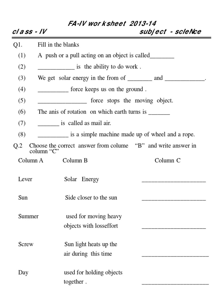 CBSE Class 4 Science Worksheet Revision PDF Sun Machines