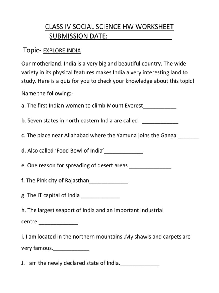 CBSE Class 4 Social Studies Worksheet Explore India PDF