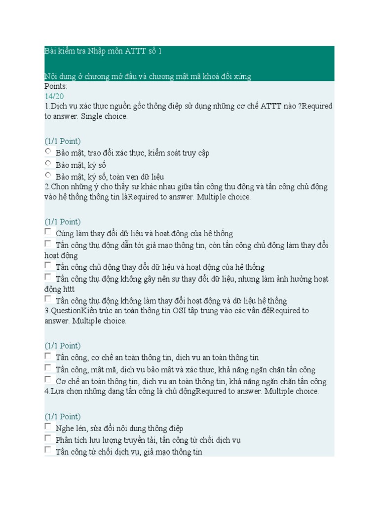 Bài kiểm tra Nhập môn ATTT số 1 | PDF