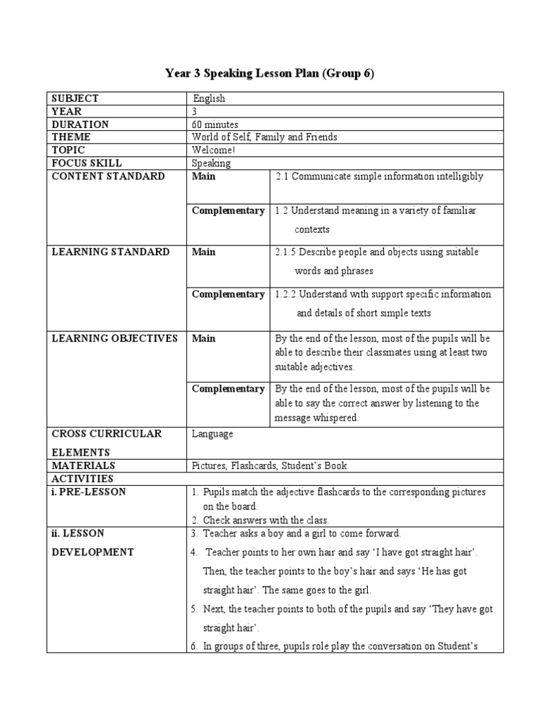 Year 3 Speaking Lesson Plan: Welcome! | PDF | Lesson Plan | Teachers
