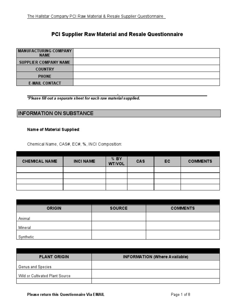PCI Naturals Raw Material Resale Supplier Questionnaire PDF
