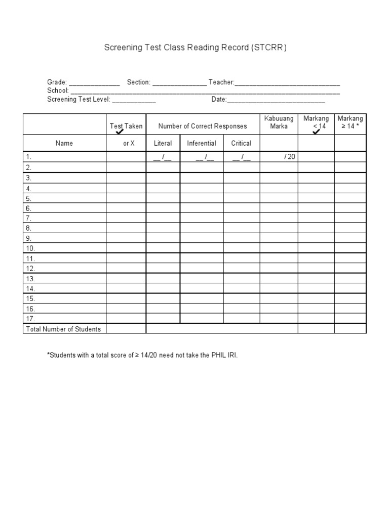 Screening Test Class Reading Record Descargar gratis PDF Supreme