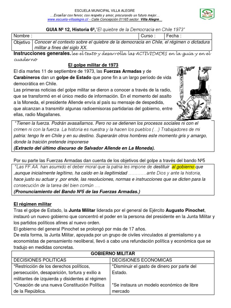 GUIA #12 Historia 6º"el Quiebre de La Democracia en Chile 1973" | PDF ...