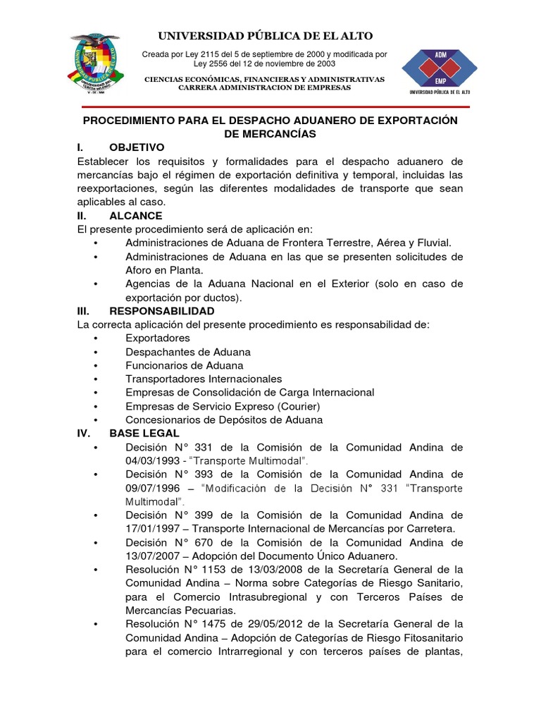 Procedimiento de Despacho Aduanero | PDF | aduana | Exportaciones