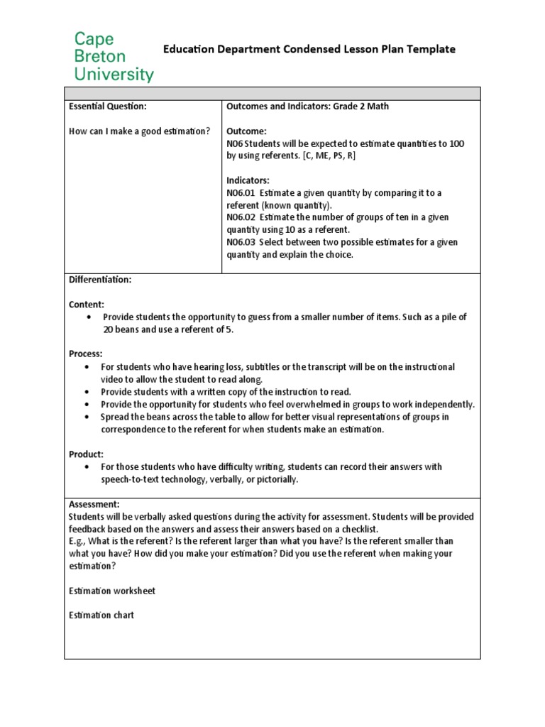 Grade 2 Estimation Math Lesson Plan Template | PDF | Lesson Plan