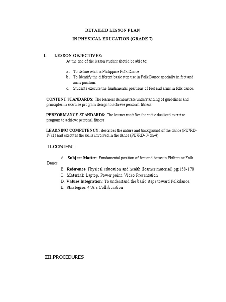 Grade 7 Folk Dance Lesson Plan | PDF | Lesson Plan | Physical Education