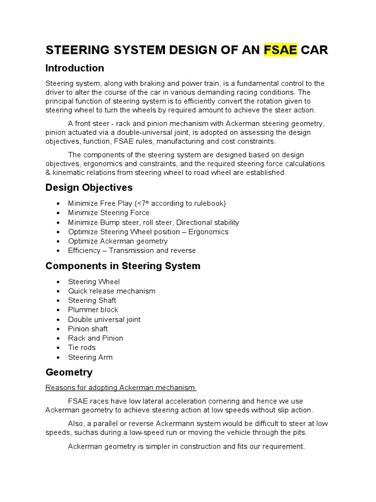 FSAE Car Steering System Design | PDF | Steering | Gear