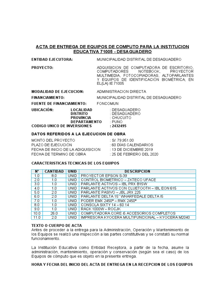 Acta de Entrega de Equipos de Cómputo | PDF | Informática