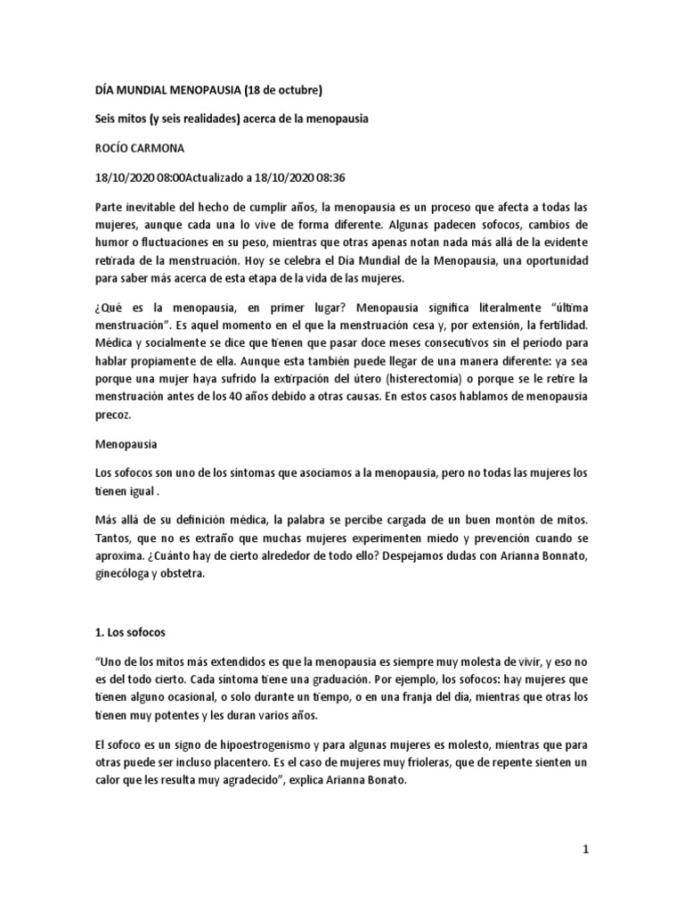 Mitos y realidades de la menopausia | PDF | Vejez | Menopausia