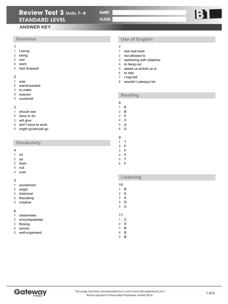 B1 Review Test 3 Answer Key Standard Pdf Linguistics Human