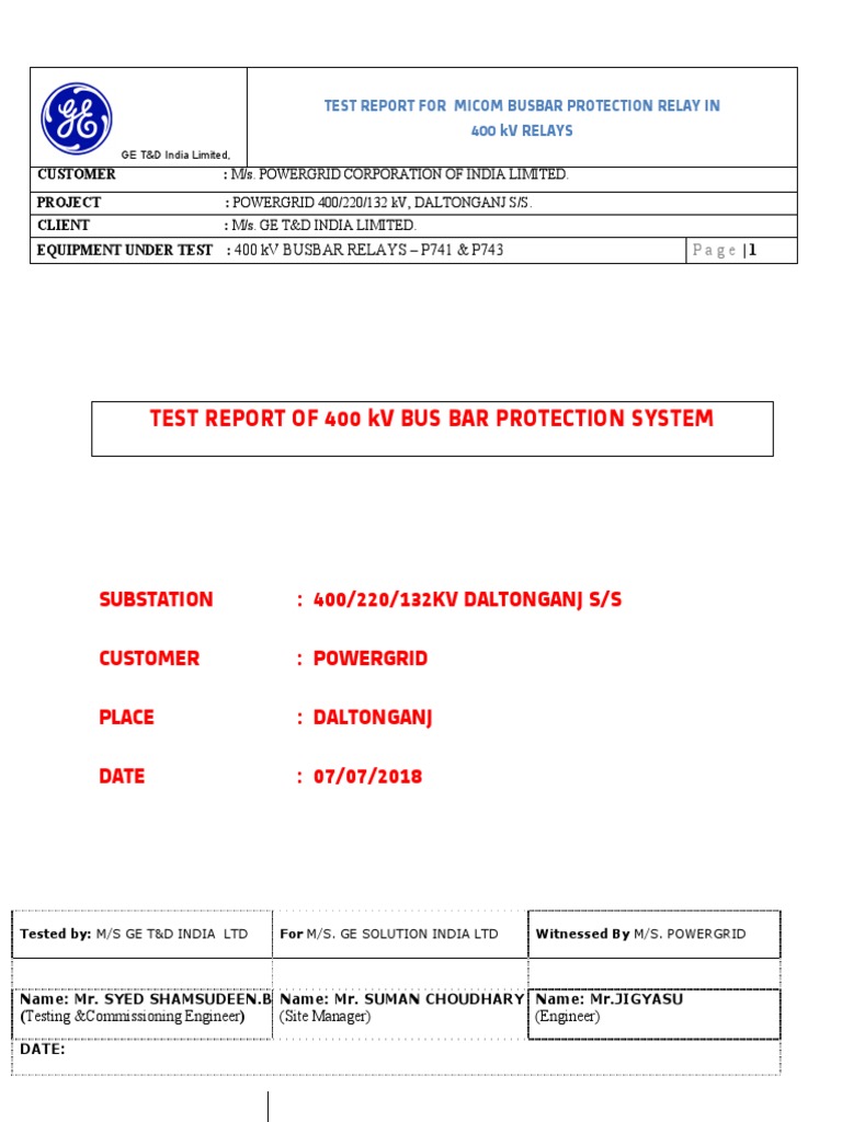 400 kV Busbar Relay Test Report | PDF | Ph | Electromagnetism