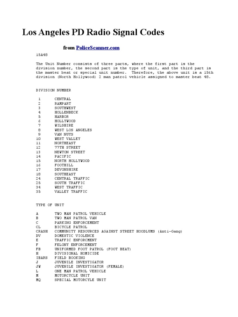 Los Angeles PD Radio Signal Codes | PDF | Burglary | Los Angeles Police ...