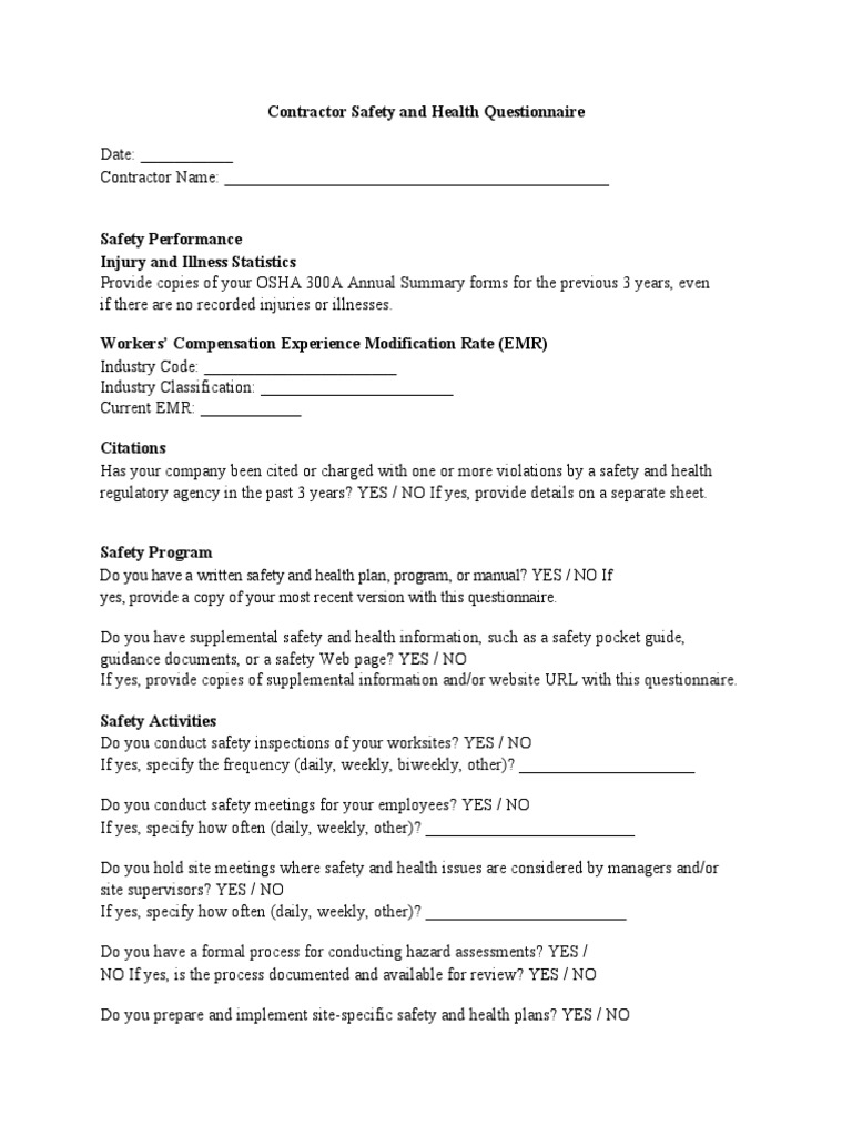 Contractor Health and Safety Questionnaire | PDF | Occupational Safety ...