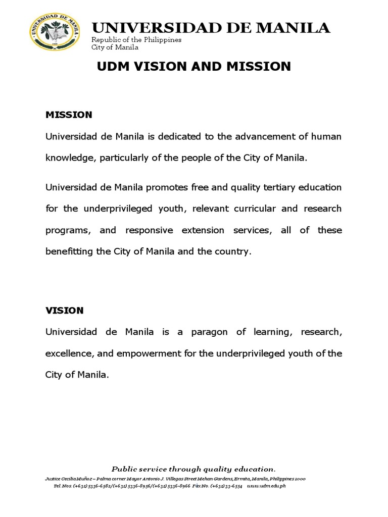 Universidad de Manila: Udm Vision and Mission | PDF | Manila | Health Care