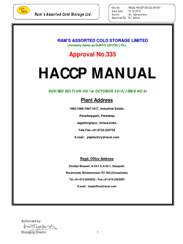 Haccp Manual: Approval No.335 | PDF | Hazard Analysis And Critical ...