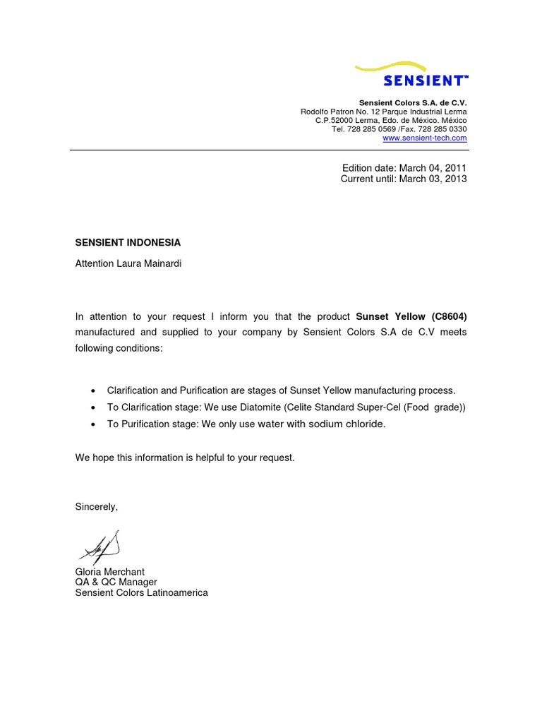 C8604 Eurocert Sunset Yellow BC-Clarification Statement | PDF