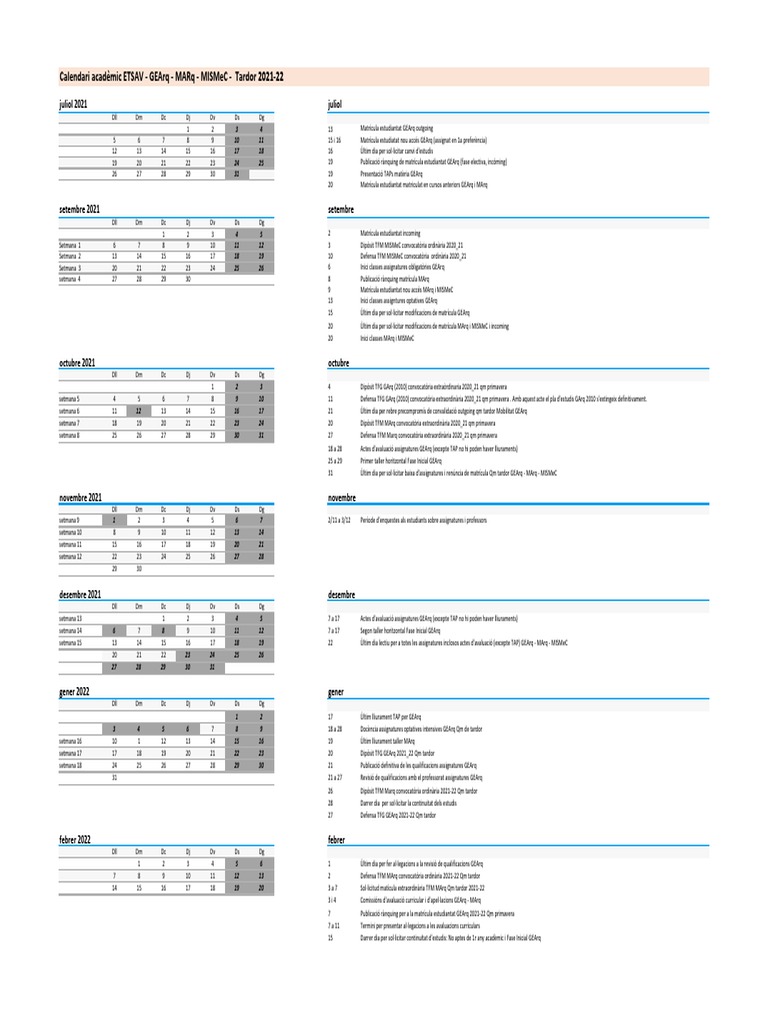 Calendari Academic Etsav QM Tardor I Primavera 2021 22 Aprovat PDF