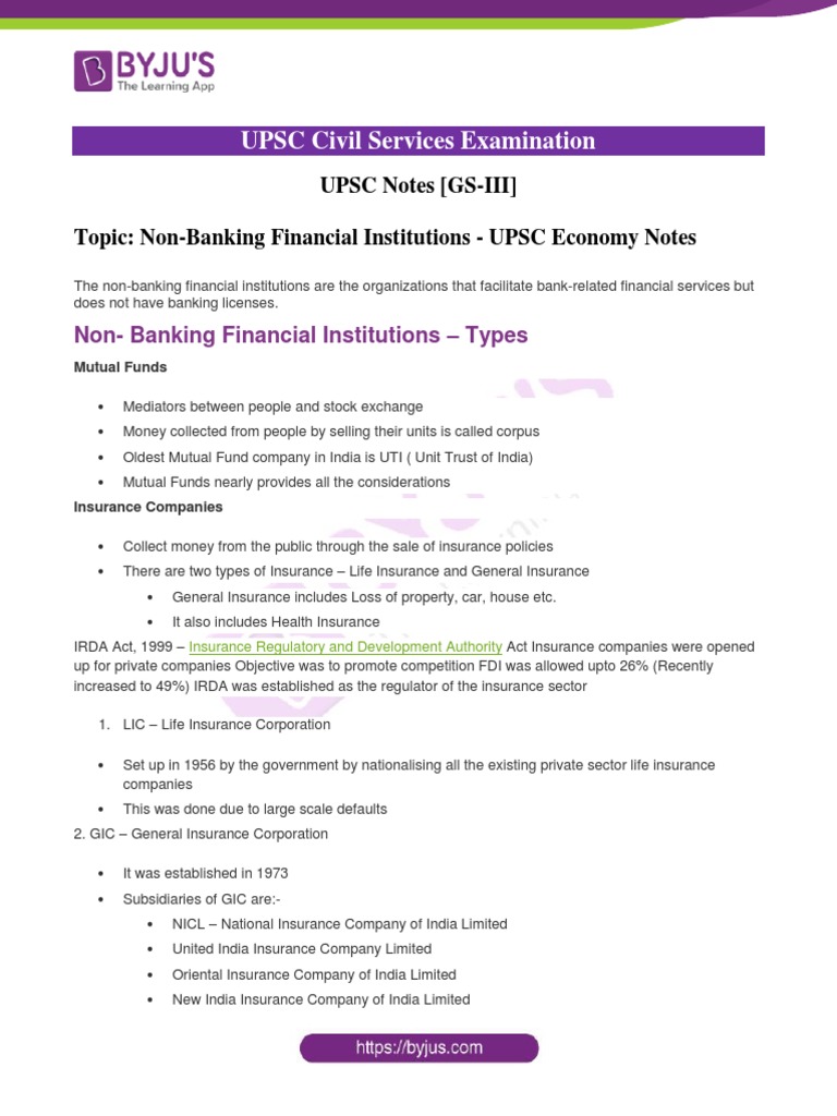 Non Banking Financial Institutions In India Upsc