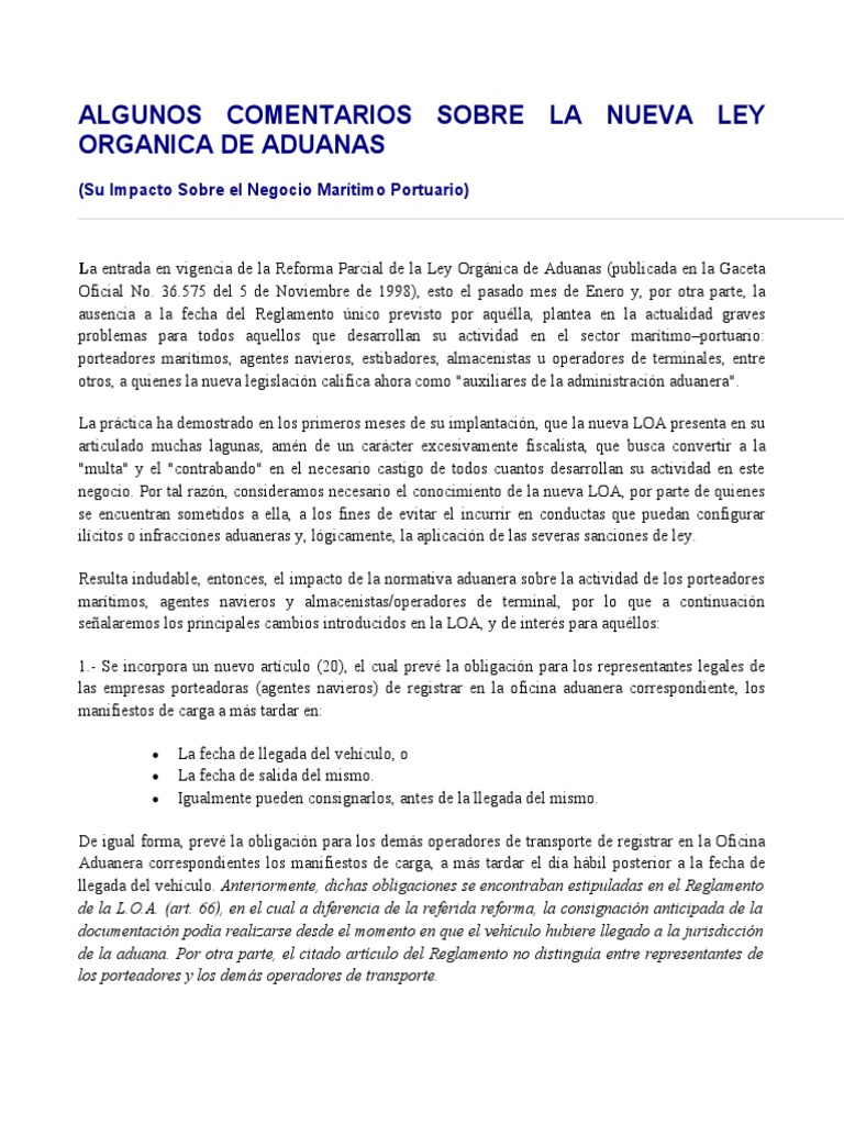 Comentarios Sobre La Nueva Ley Organica de Aduanas | PDF | aduana ...